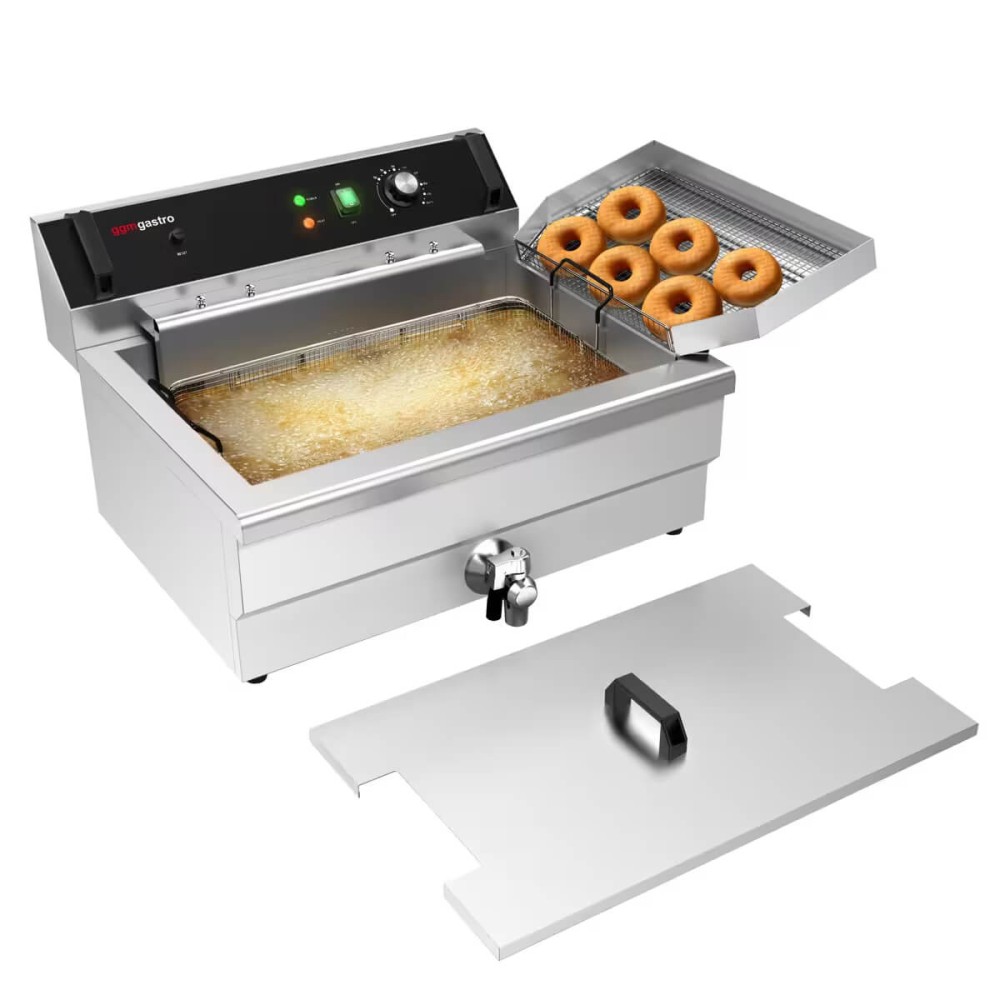 Friteuse avec grille d’égouttage - pour poissons et produits de boulangerie - 30 litres - 5 kW - avec robinet de vidange